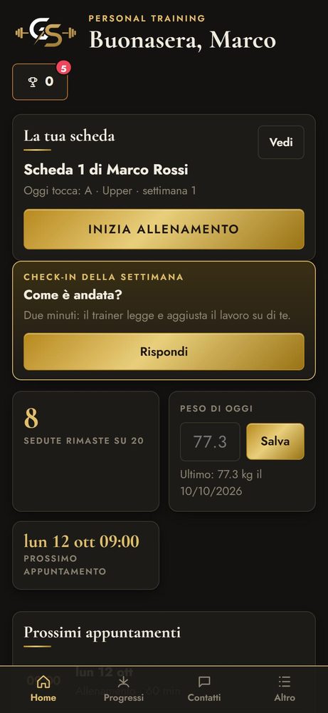 Home dell'app: scheda di oggi, check-in, sedute rimaste, peso e prossimo appuntamento